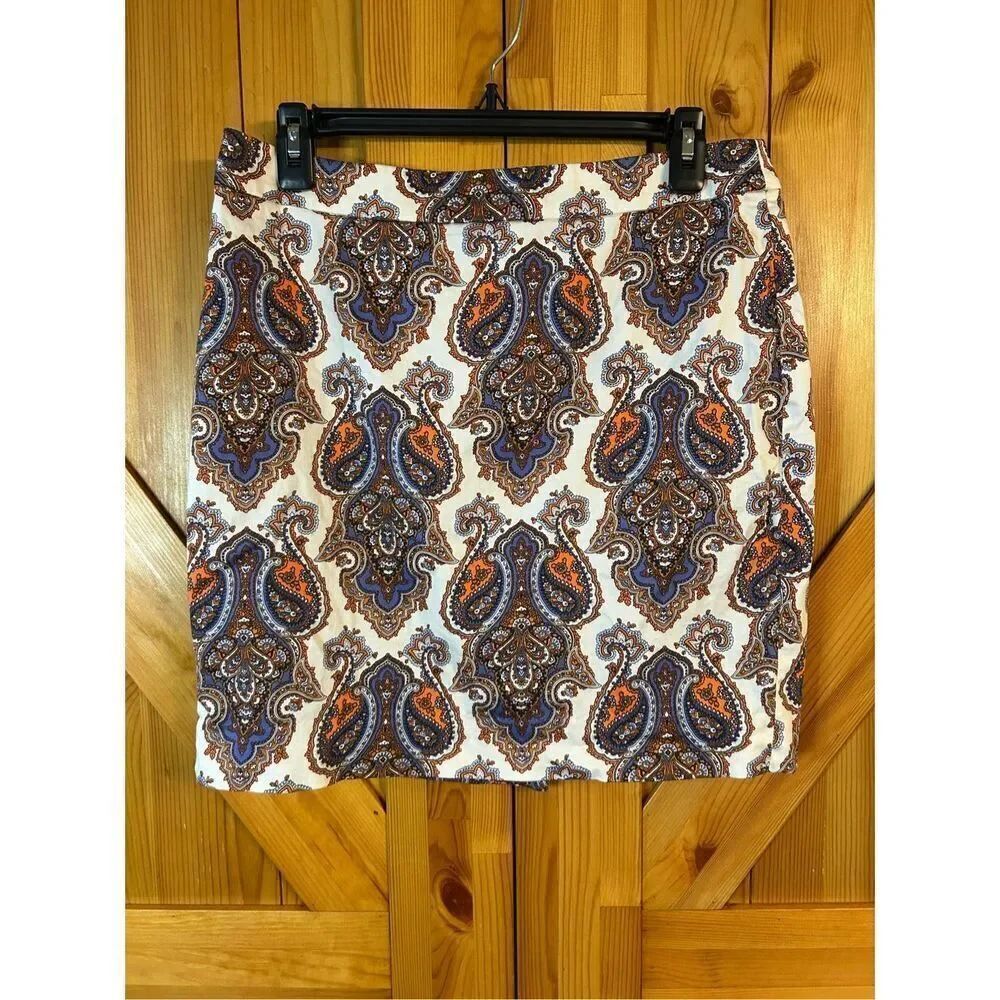 J. CREW Paisley Print Pencil Skirt Career Suiting Sz 6 Orange Blue Multi Stretch